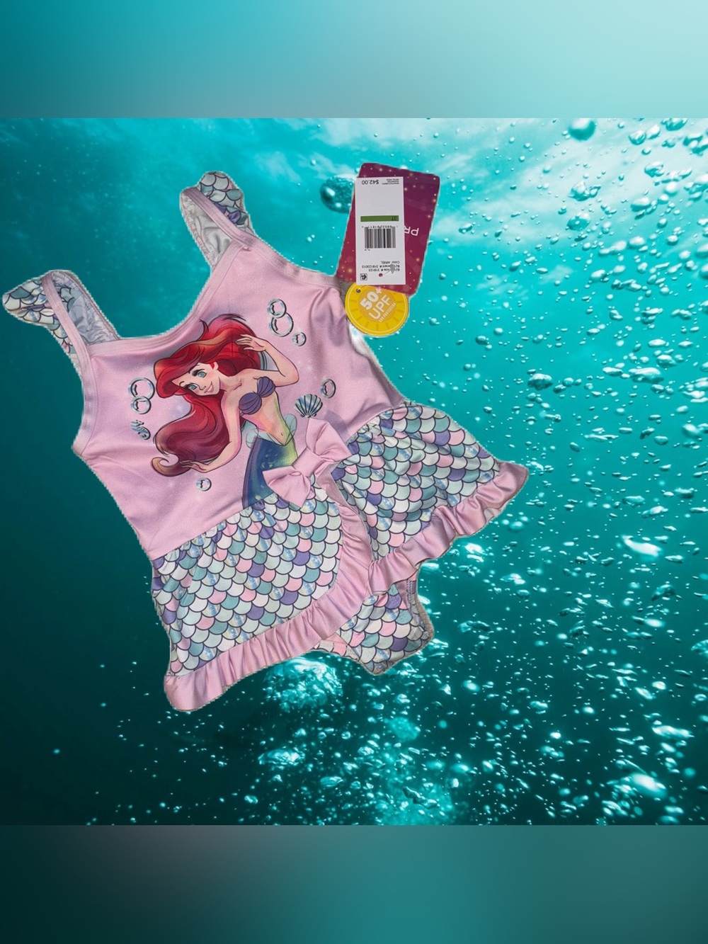 Girls Disney Princess Pink Little Mermaid Ariel One-Piece Swim Suit with UPF 50+